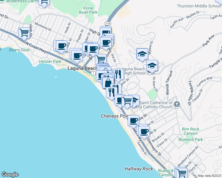 map of restaurants, bars, coffee shops, grocery stores, and more near 590 South Coast Highway in Laguna Beach
