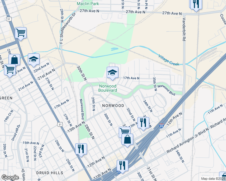 map of restaurants, bars, coffee shops, grocery stores, and more near 3142 Norwood Boulevard in Birmingham