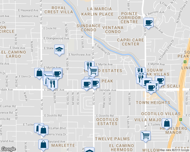 map of restaurants, bars, coffee shops, grocery stores, and more near 1201 East Glenn Drive in Phoenix