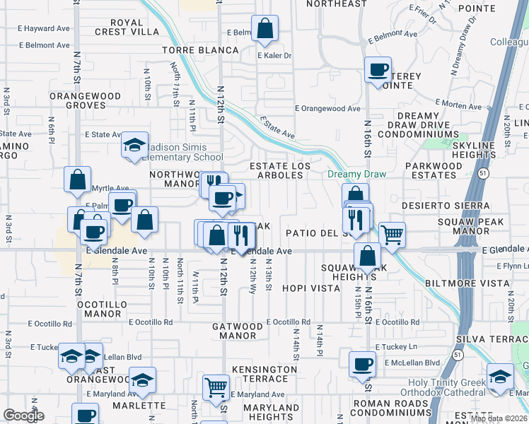 map of restaurants, bars, coffee shops, grocery stores, and more near 7042 North 12th Way in Phoenix