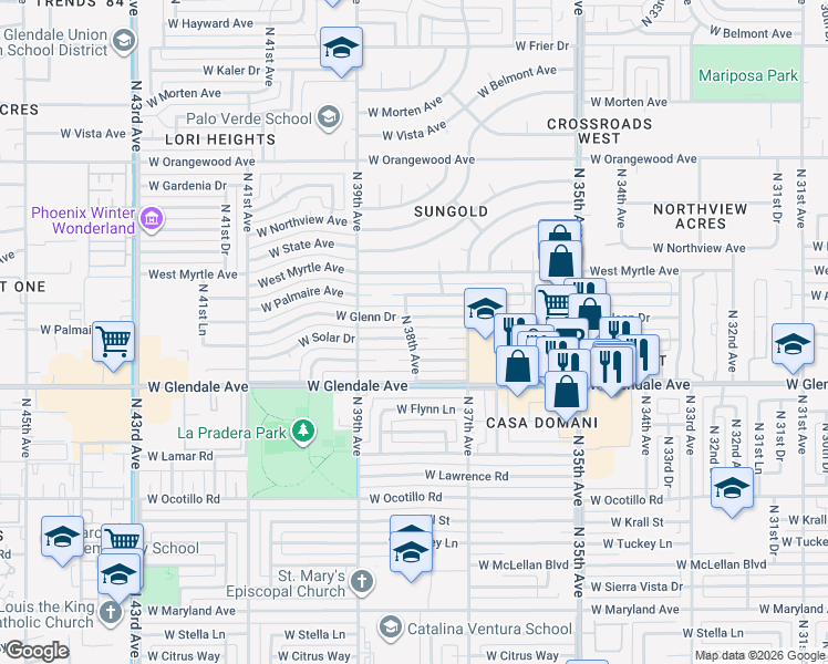 map of restaurants, bars, coffee shops, grocery stores, and more near 3731 West Solar Drive in Phoenix