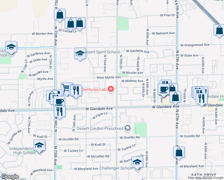 map of restaurants, bars, coffee shops, grocery stores, and more near 7136 West Glenn Drive in Glendale
