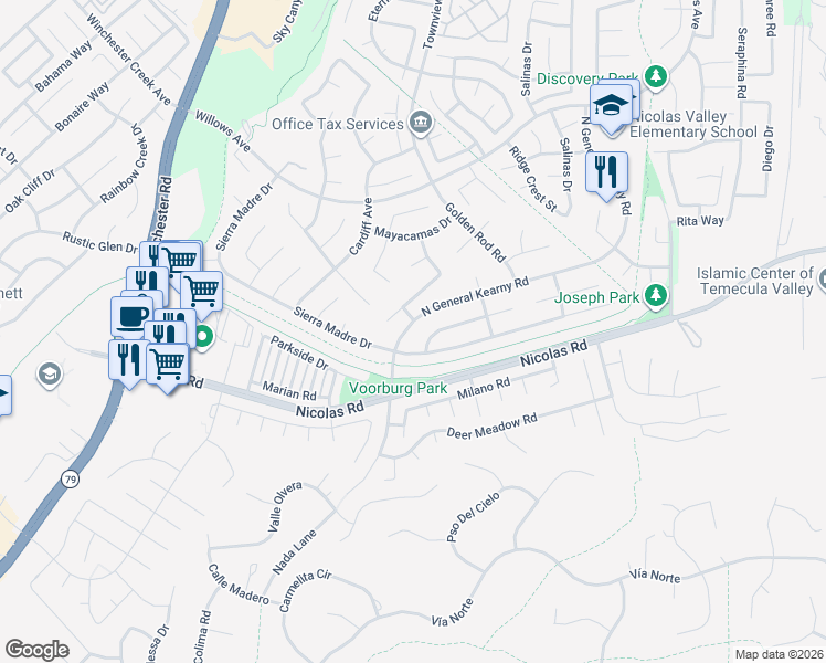 map of restaurants, bars, coffee shops, grocery stores, and more near 39928 North General Kearny Road in Temecula