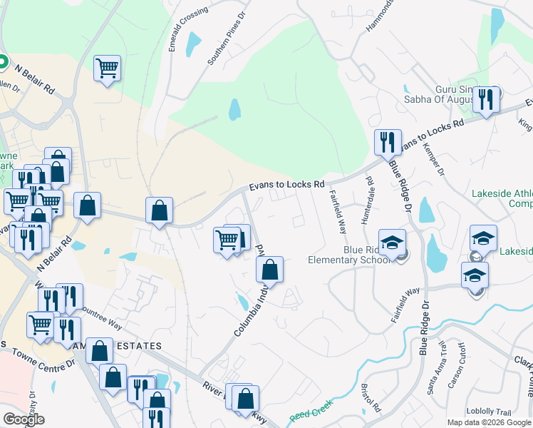map of restaurants, bars, coffee shops, grocery stores, and more near 485 Columbia Industrial Blvd in Evans