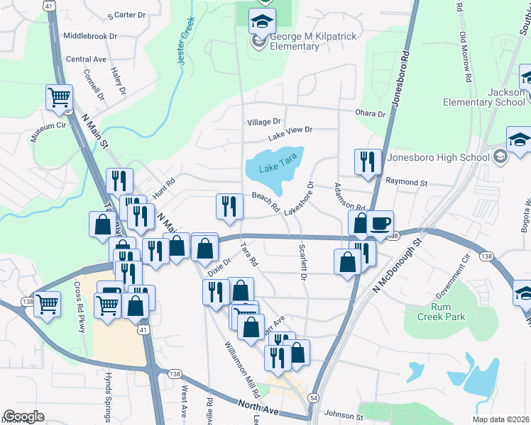 map of restaurants, bars, coffee shops, grocery stores, and more near 1044 Lakeshore Drive in Jonesboro