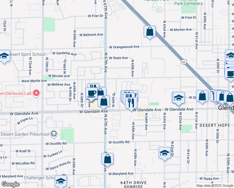 map of restaurants, bars, coffee shops, grocery stores, and more near 7101 North 66th Drive in Glendale