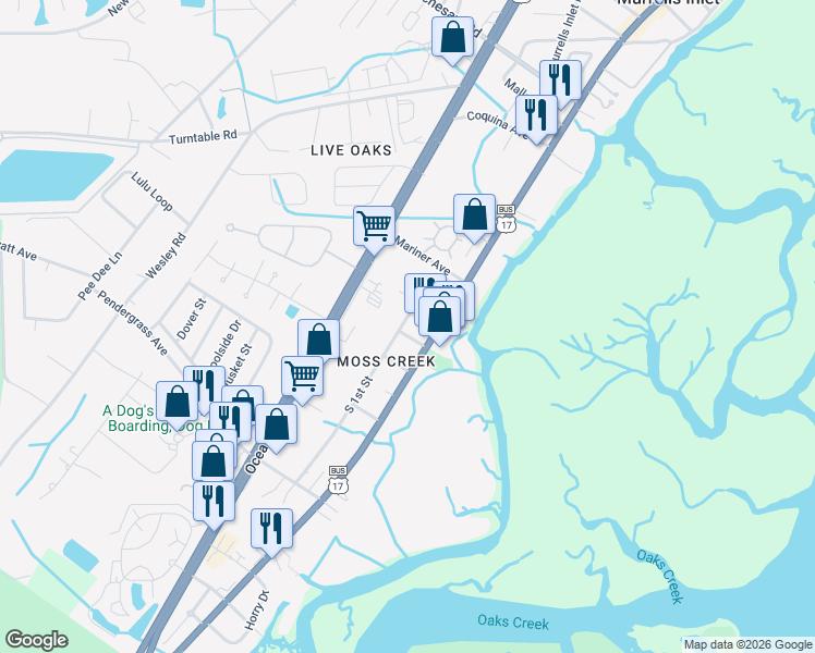map of restaurants, bars, coffee shops, grocery stores, and more near 642 Swale Avenue in Murrells Inlet