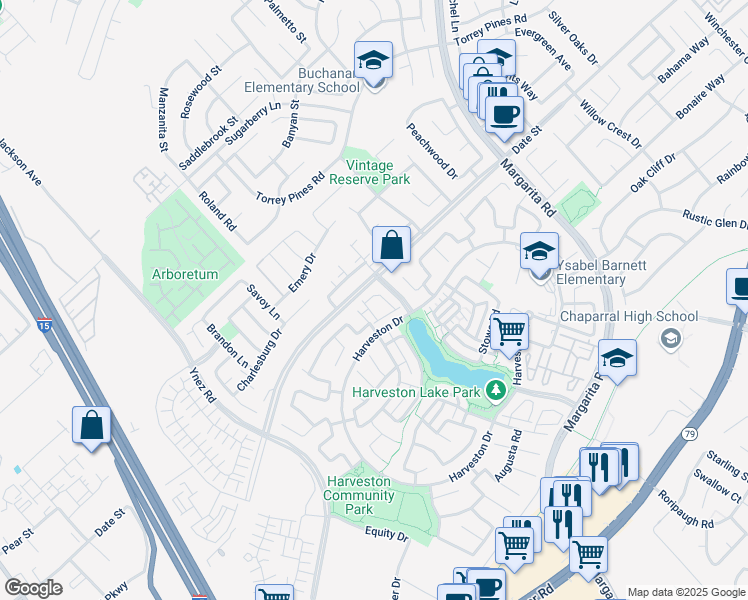 map of restaurants, bars, coffee shops, grocery stores, and more near 40021 Spring Place Court in Temecula