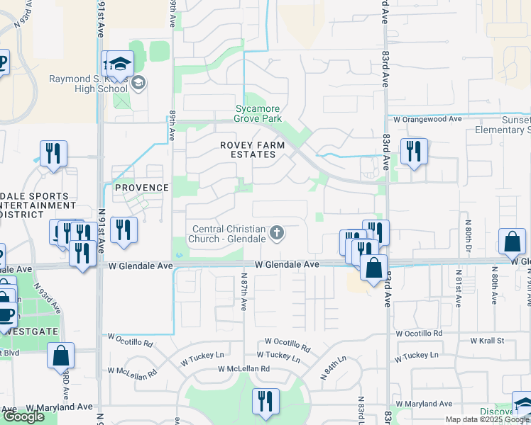 map of restaurants, bars, coffee shops, grocery stores, and more near 8548 Midway Avenue in Glendale