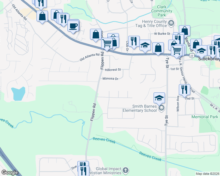 map of restaurants, bars, coffee shops, grocery stores, and more near 207 Glendale Court in Stockbridge