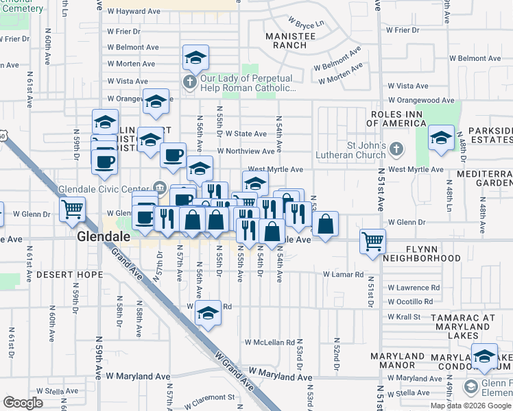 map of restaurants, bars, coffee shops, grocery stores, and more near 5430 West Glenn Drive in Glendale