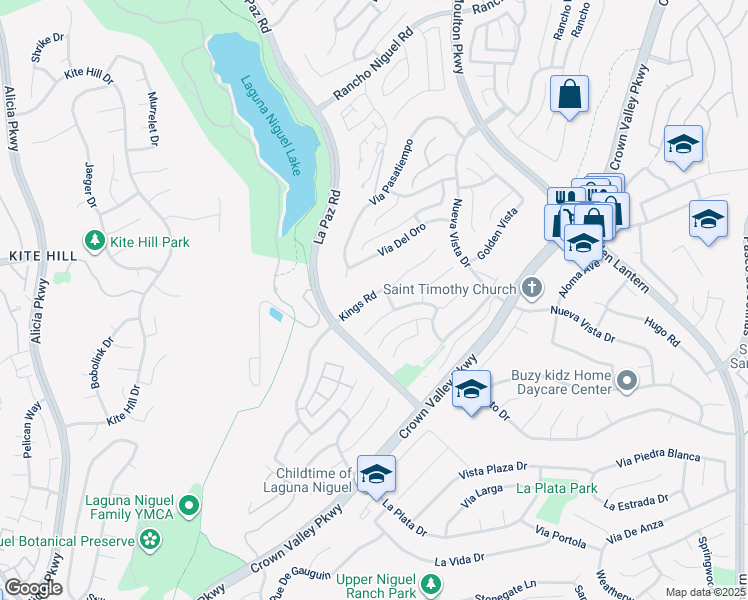 map of restaurants, bars, coffee shops, grocery stores, and more near 24576 Kings Road in Laguna Niguel