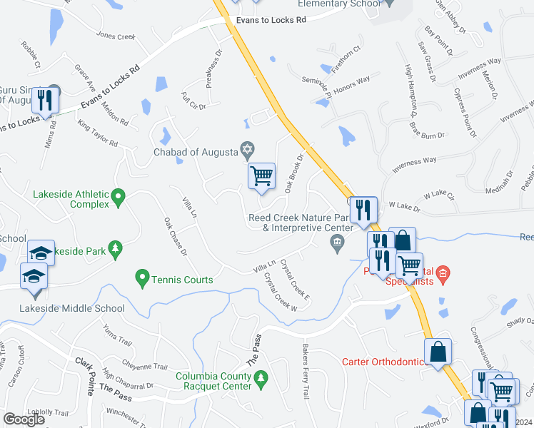 map of restaurants, bars, coffee shops, grocery stores, and more near 3862 Live Oak Lane in Martinez