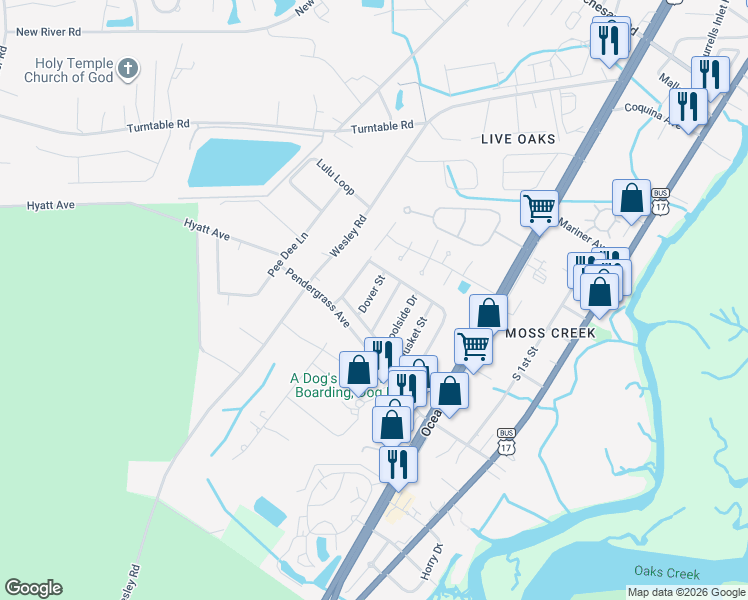 map of restaurants, bars, coffee shops, grocery stores, and more near 5 Dover Street in Murrells Inlet