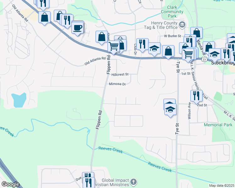 map of restaurants, bars, coffee shops, grocery stores, and more near 207 Glendale Court in Stockbridge