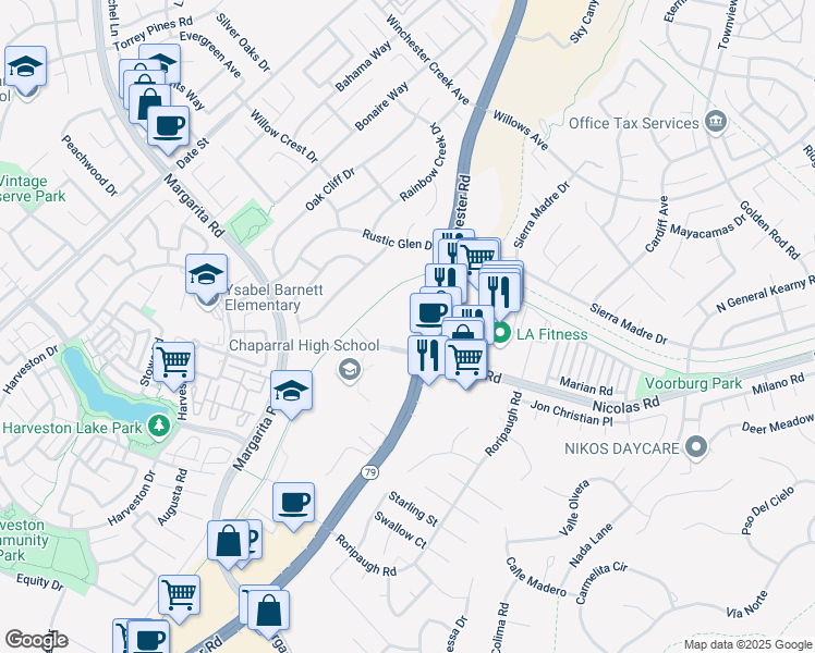 map of restaurants, bars, coffee shops, grocery stores, and more near 27280 Nicolas Road in Temecula