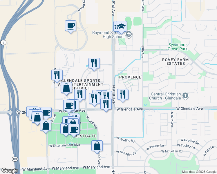 map of restaurants, bars, coffee shops, grocery stores, and more near 7066-7164 N 91st Ave in Glendale