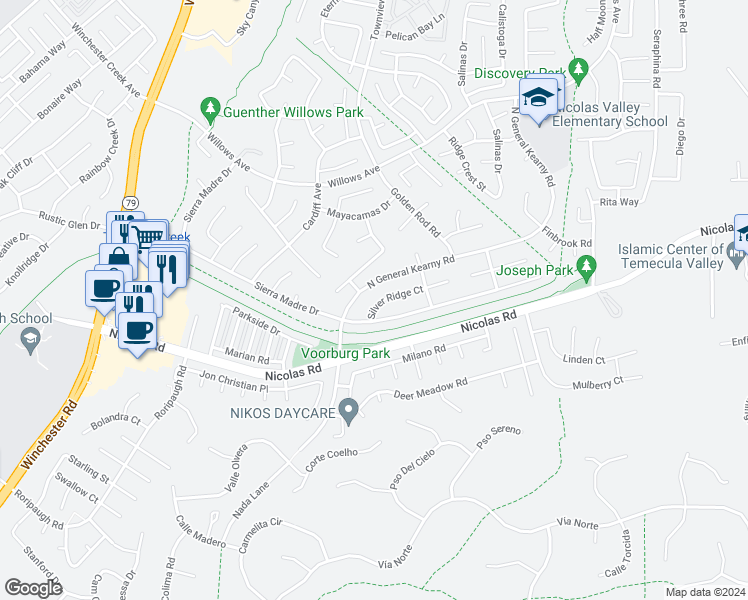 map of restaurants, bars, coffee shops, grocery stores, and more near 30180 Silver Ridge Court in Temecula