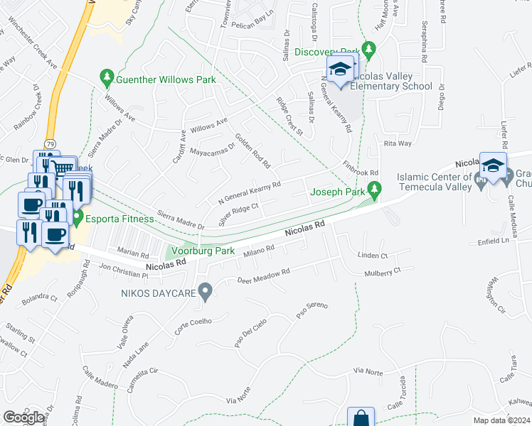 map of restaurants, bars, coffee shops, grocery stores, and more near 30304 Sierra Madre Drive in Temecula