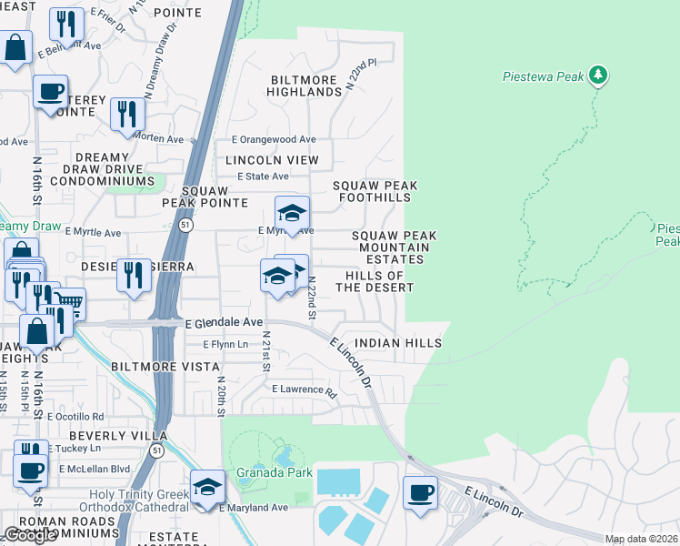 map of restaurants, bars, coffee shops, grocery stores, and more near 2227 East Glenn Drive in Phoenix