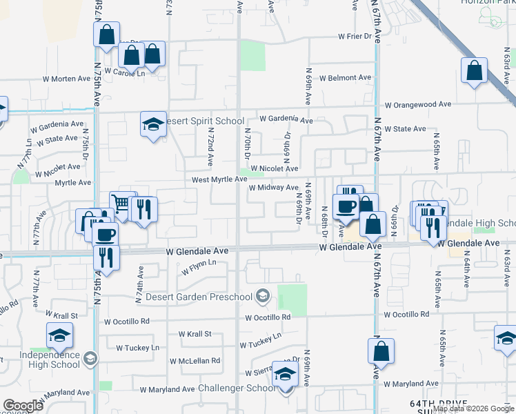 map of restaurants, bars, coffee shops, grocery stores, and more near 7064 West Glenn Drive in Glendale