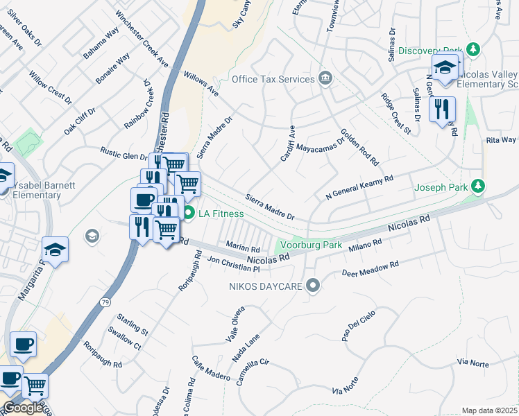 map of restaurants, bars, coffee shops, grocery stores, and more near 27475 Sierra Madre Drive in Murrieta