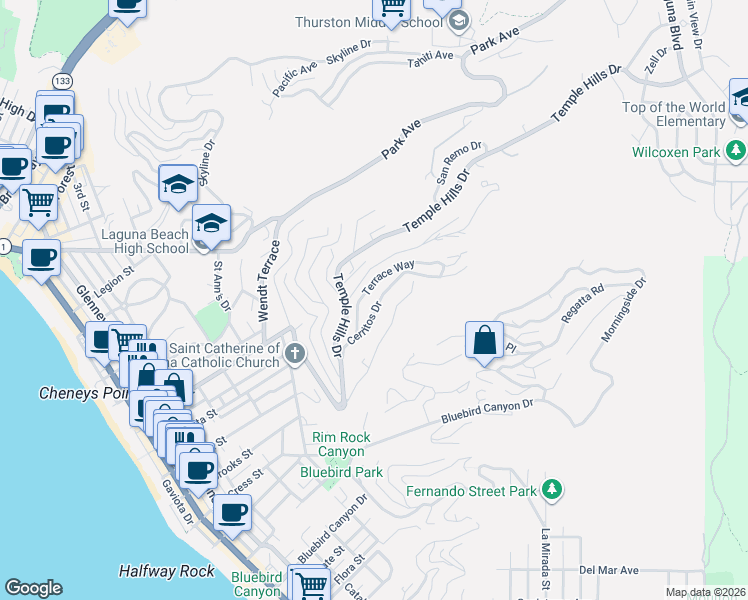 map of restaurants, bars, coffee shops, grocery stores, and more near 1346 Cerritos Drive in Laguna Beach
