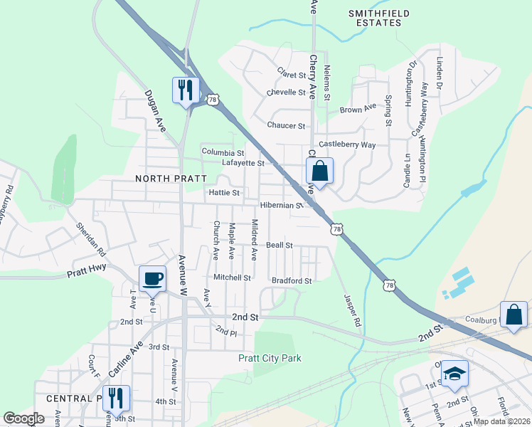 map of restaurants, bars, coffee shops, grocery stores, and more near 400 Miles Avenue in Birmingham