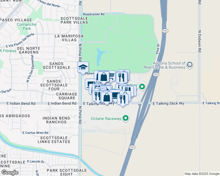 map of restaurants, bars, coffee shops, grocery stores, and more near Talking Stick Way in Scottsdale