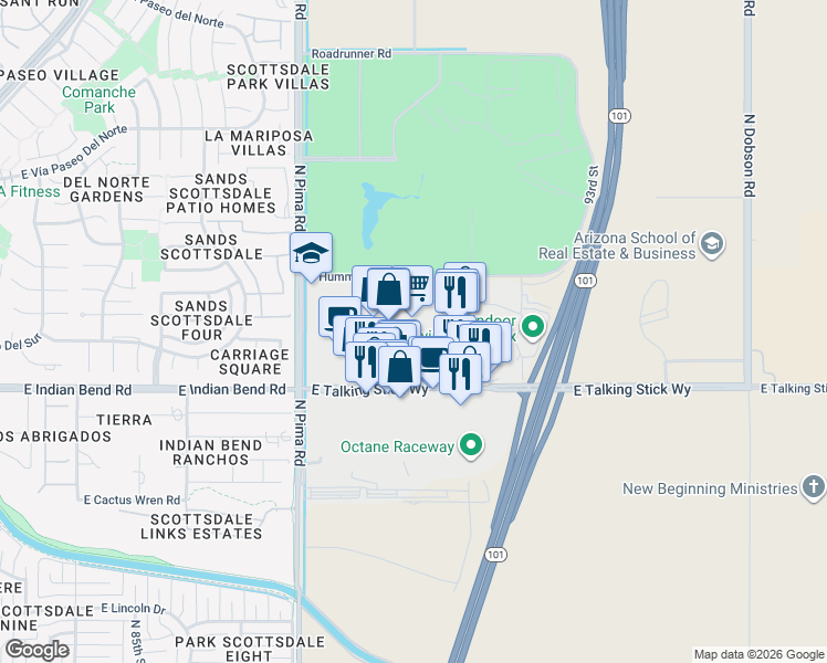 map of restaurants, bars, coffee shops, grocery stores, and more near 9175 East Indian Bend Road in Scottsdale