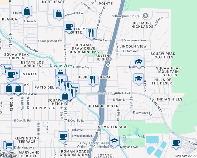 map of restaurants, bars, coffee shops, grocery stores, and more near 1811 East Aurelius Avenue in Phoenix