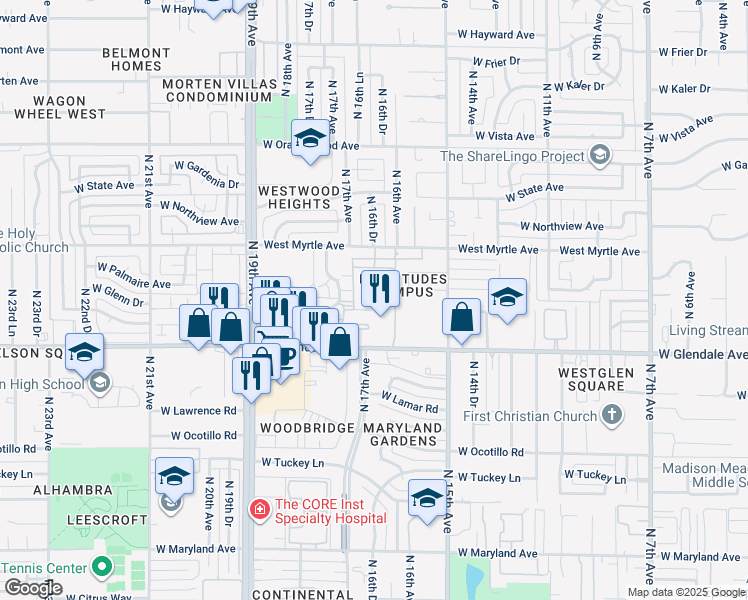map of restaurants, bars, coffee shops, grocery stores, and more near 1694 West Glendale Avenue in Phoenix