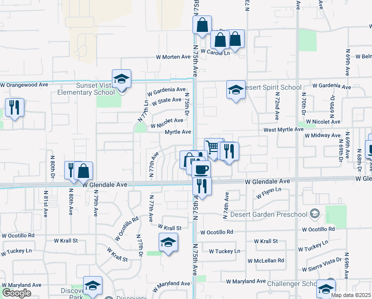 map of restaurants, bars, coffee shops, grocery stores, and more near 7508 West Glenn Drive in Glendale