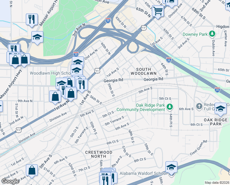 map of restaurants, bars, coffee shops, grocery stores, and more near 5915 3rd Avenue South in Birmingham