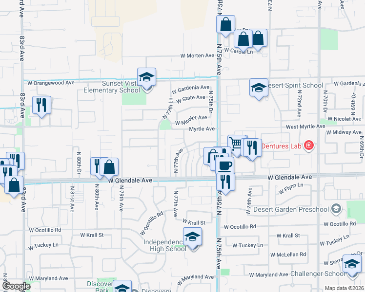 map of restaurants, bars, coffee shops, grocery stores, and more near 7130 North 77th Avenue in Glendale