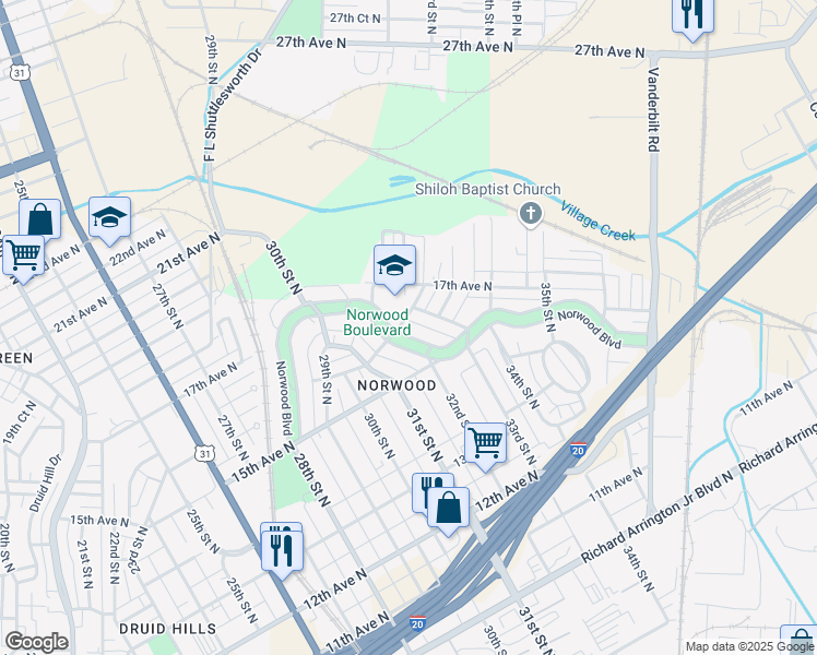 map of restaurants, bars, coffee shops, grocery stores, and more near 3142 Norwood Boulevard in Birmingham
