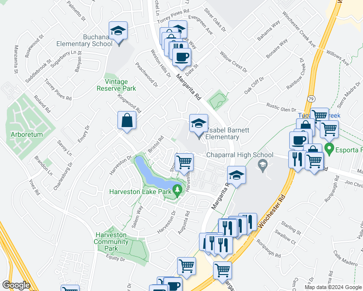map of restaurants, bars, coffee shops, grocery stores, and more near 28992 Bristol Road in Temecula