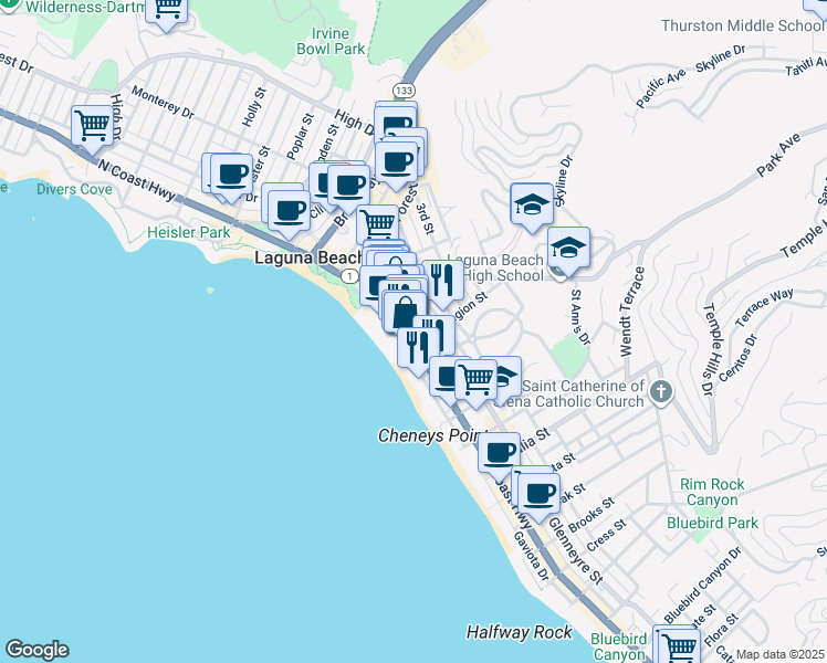 map of restaurants, bars, coffee shops, grocery stores, and more near 577 Ramona Avenue in Laguna Beach
