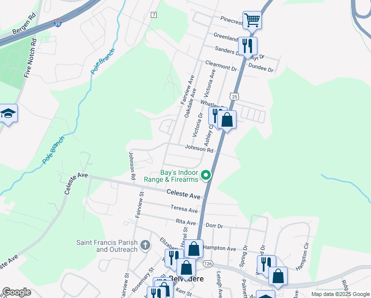 map of restaurants, bars, coffee shops, grocery stores, and more near 231 Johnson Road in Belvedere