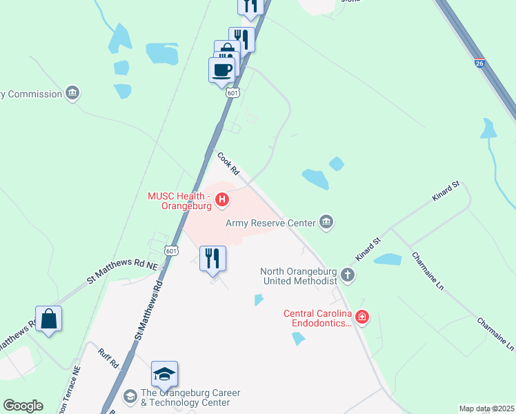 map of restaurants, bars, coffee shops, grocery stores, and more near 1175 Cook Road in Orangeburg