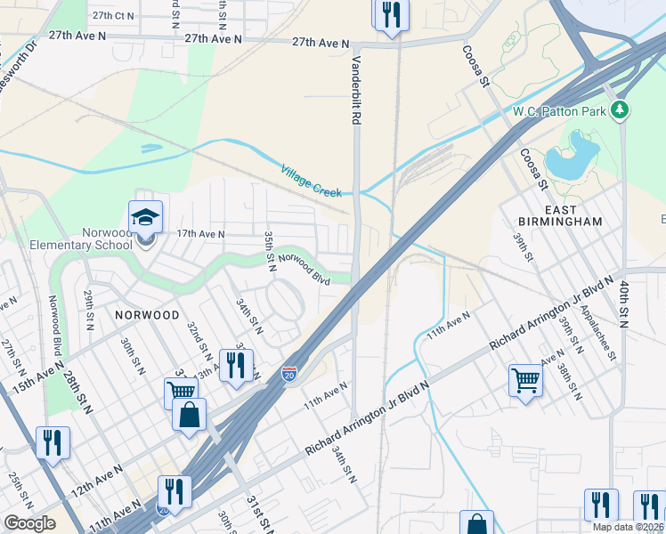 map of restaurants, bars, coffee shops, grocery stores, and more near 3616 Norwood Boulevard in Birmingham