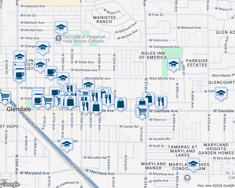 map of restaurants, bars, coffee shops, grocery stores, and more near 5302 West Glenn Drive in Glendale