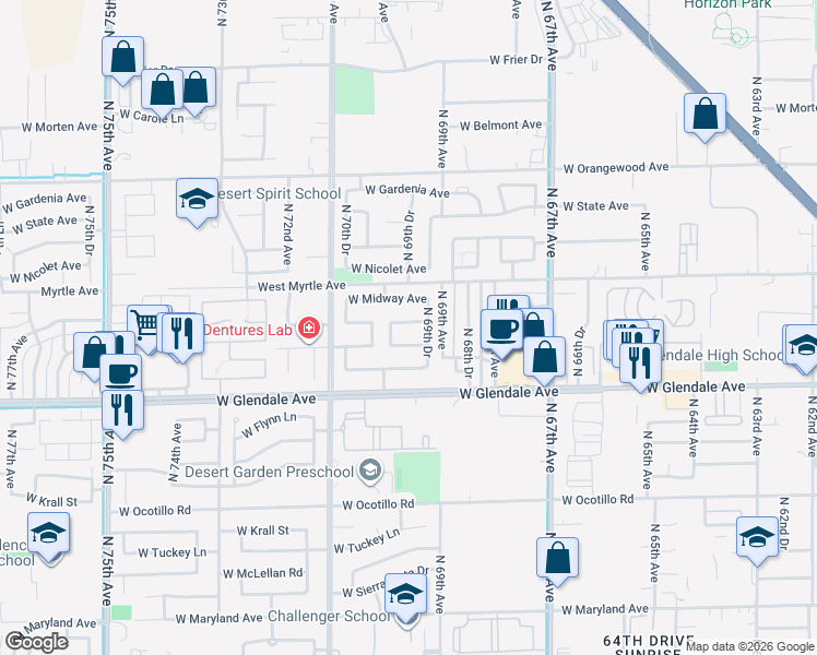 map of restaurants, bars, coffee shops, grocery stores, and more near 6971 West Palmaire Avenue in Glendale