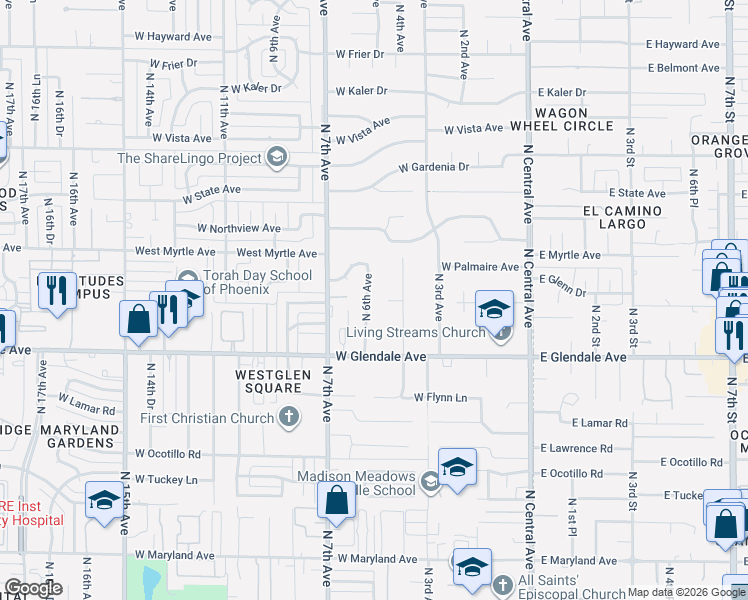 map of restaurants, bars, coffee shops, grocery stores, and more near 7040 North Wilder Road in Phoenix