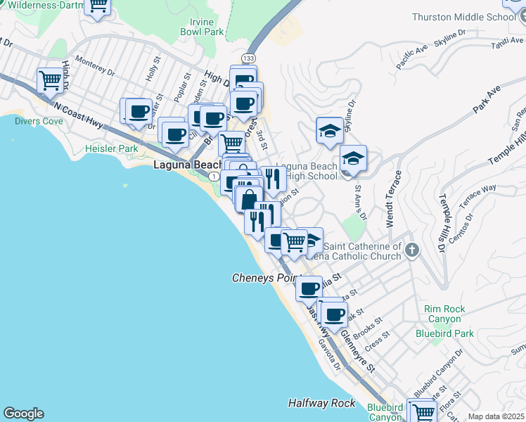 map of restaurants, bars, coffee shops, grocery stores, and more near 585 Glenneyre Street in Laguna Beach