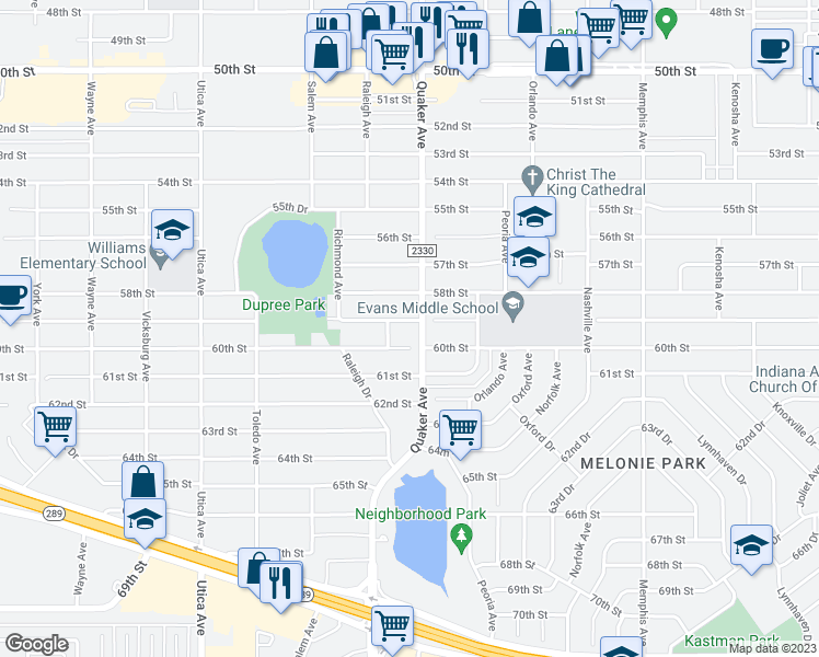 map of restaurants, bars, coffee shops, grocery stores, and more near 4403 59th Street in Lubbock
