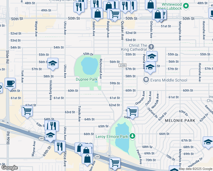 map of restaurants, bars, coffee shops, grocery stores, and more near 4506 60th Street in Lubbock