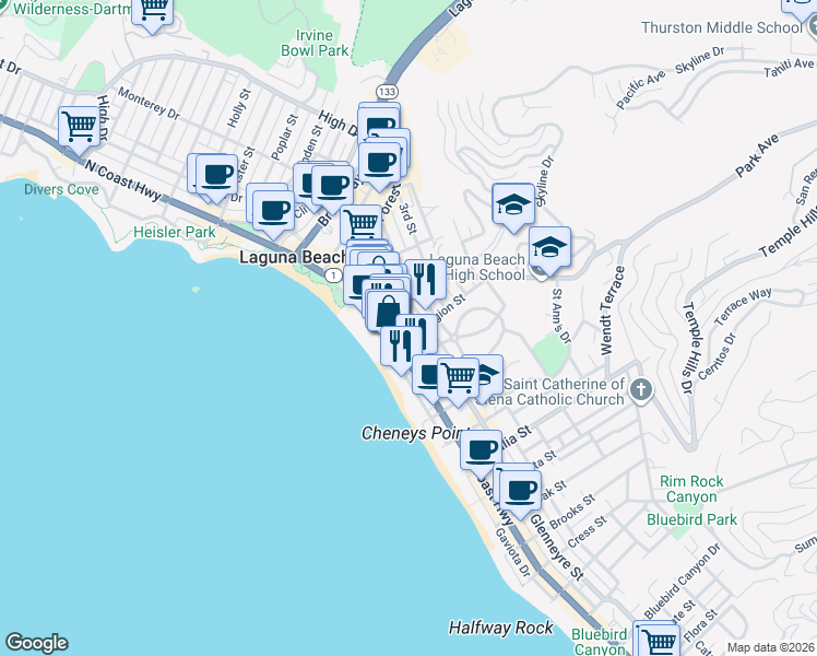 map of restaurants, bars, coffee shops, grocery stores, and more near 585 Glenneyre Street in Laguna Beach