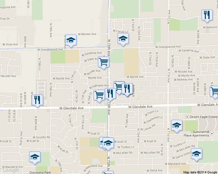 map of restaurants, bars, coffee shops, grocery stores, and more near 7508 West Glenn Drive in Glendale