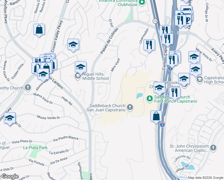 map of restaurants, bars, coffee shops, grocery stores, and more near 29102 Mira Vista in Laguna Niguel